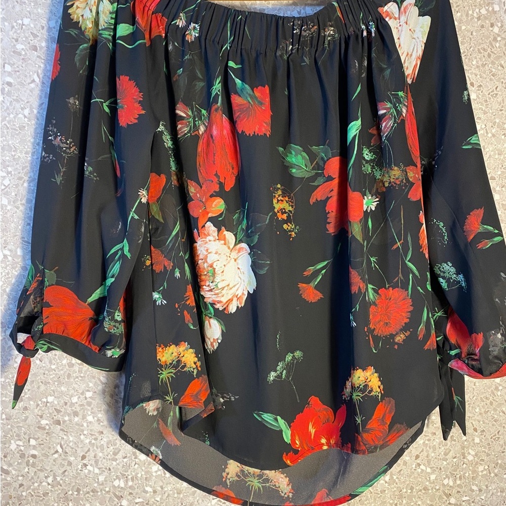 Express Black Floral Blouse with Red Accents